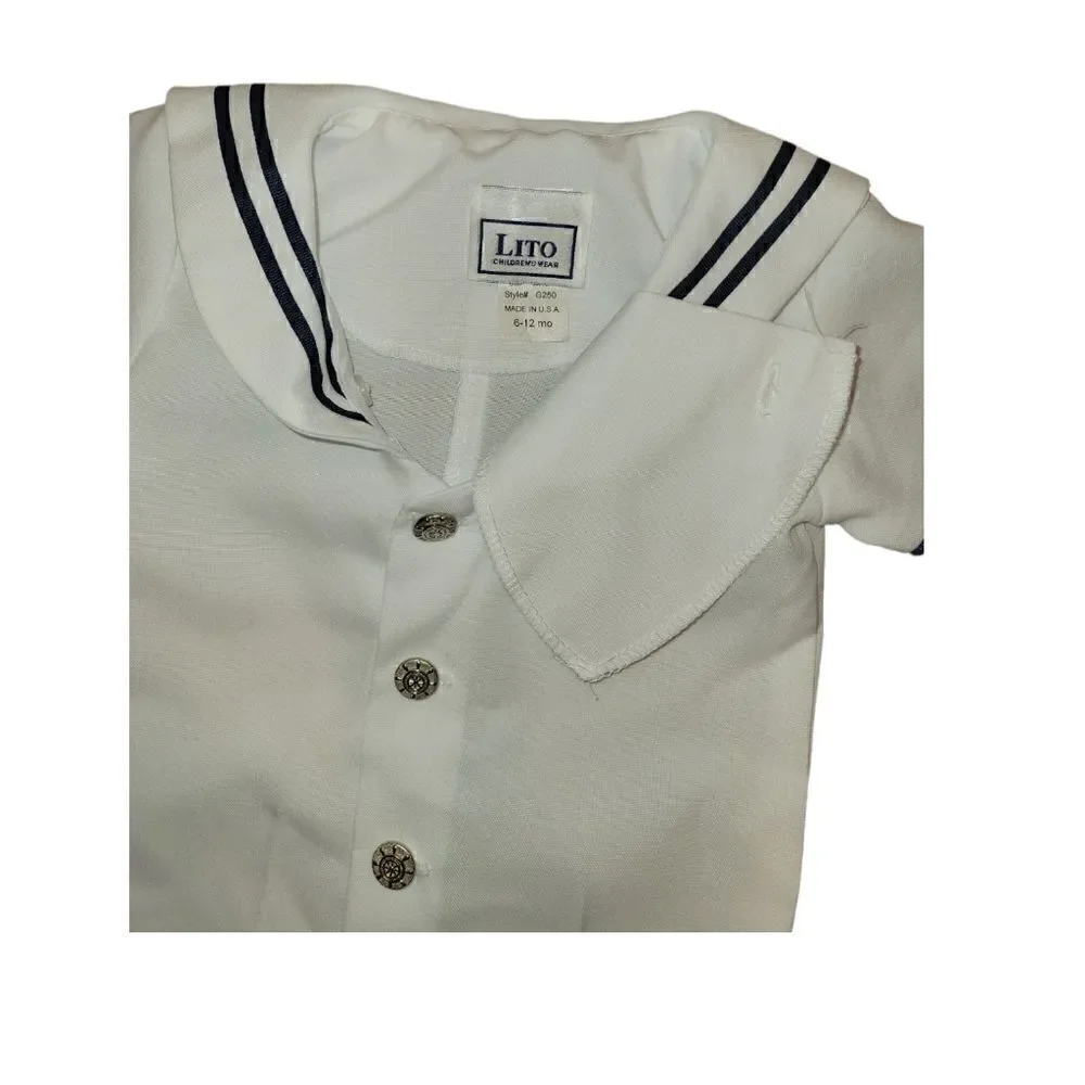 NWOT Lito Children's Wear Boys White Sailor Suit Shortall Romper with Hat 6-12M